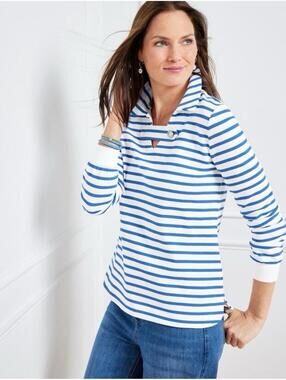 TALBOTS WOMENS COTTON LIGHTWEIGHT STRIPED COLLAR SWEATSHIRT IN WHITE|BLUE-MEDIUM